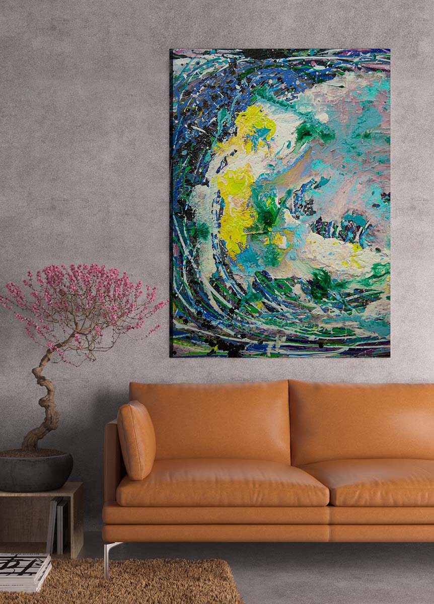 Abstract 21 Tsunami art by Doug LaRue metal print on a living room wall