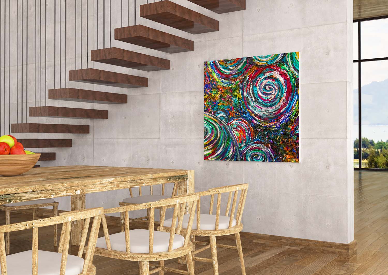 Vid-19 Planetary Convergence art print on a tile wall in a dining room near modern stairs
