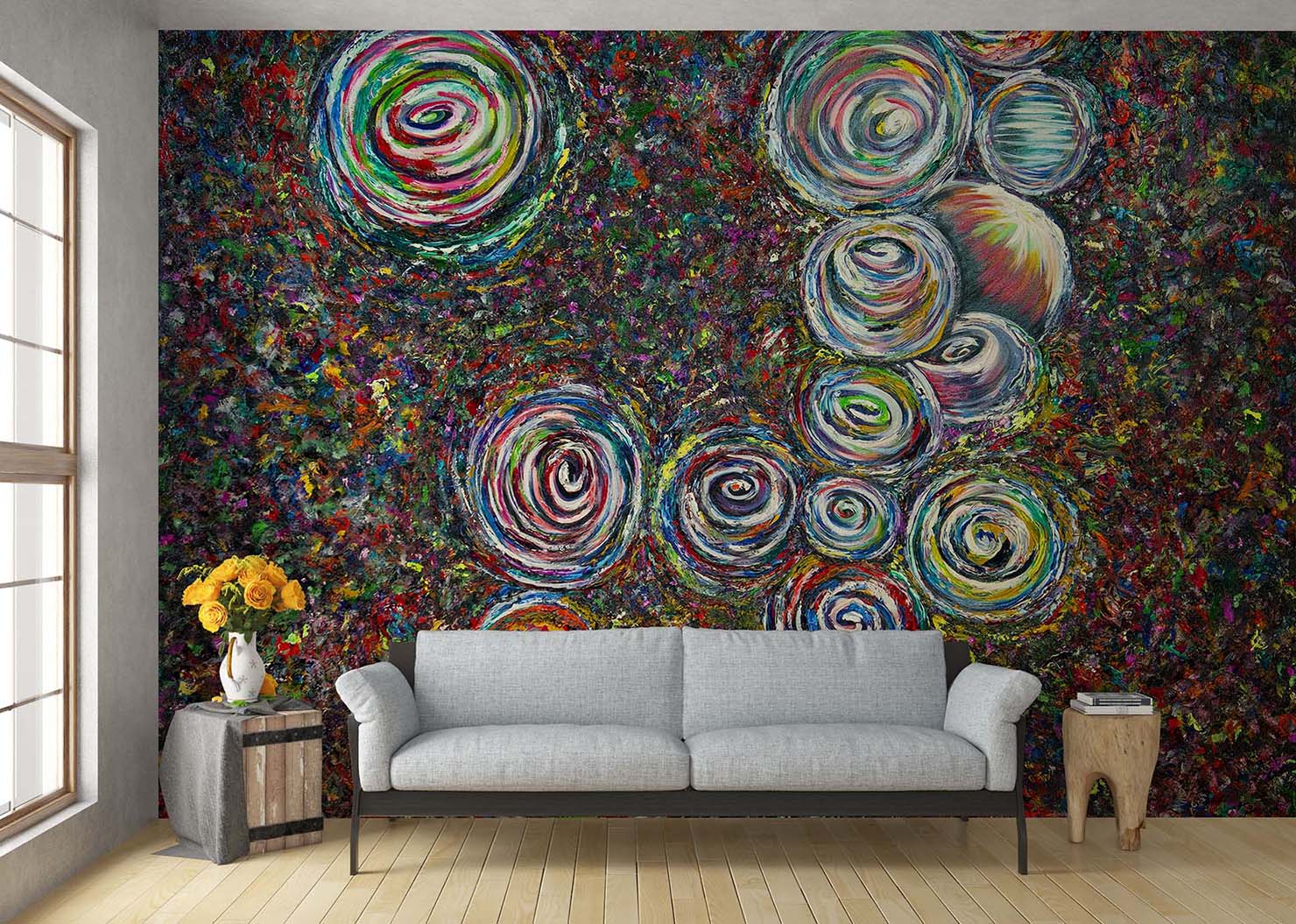 Vid-19 Abstract canvas painting mural on a living room wall