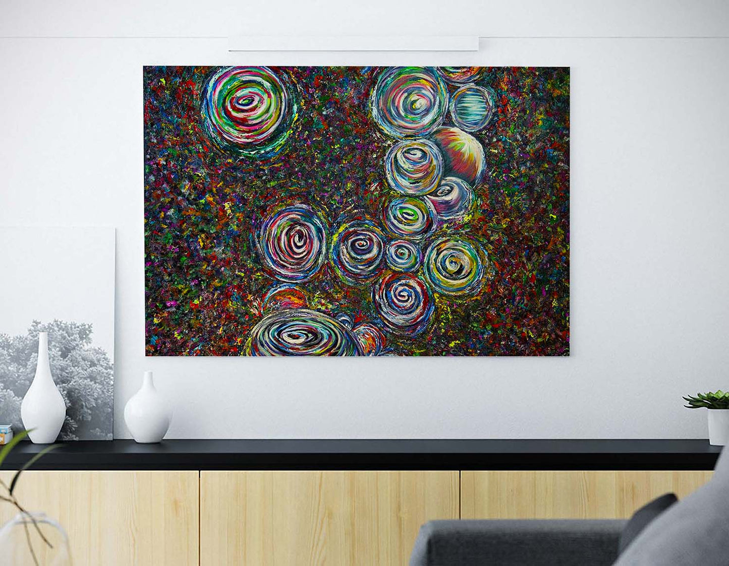 Vid-19 Abstract canvas painting on a living room wall