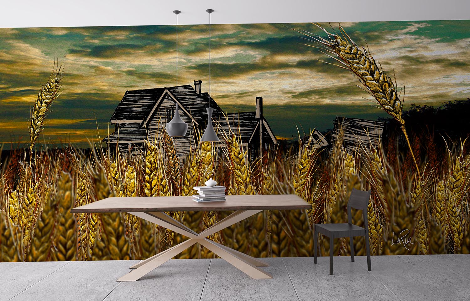 Wheat Field Farm House mixed media art by Doug LaRue mural on a kitchen wall