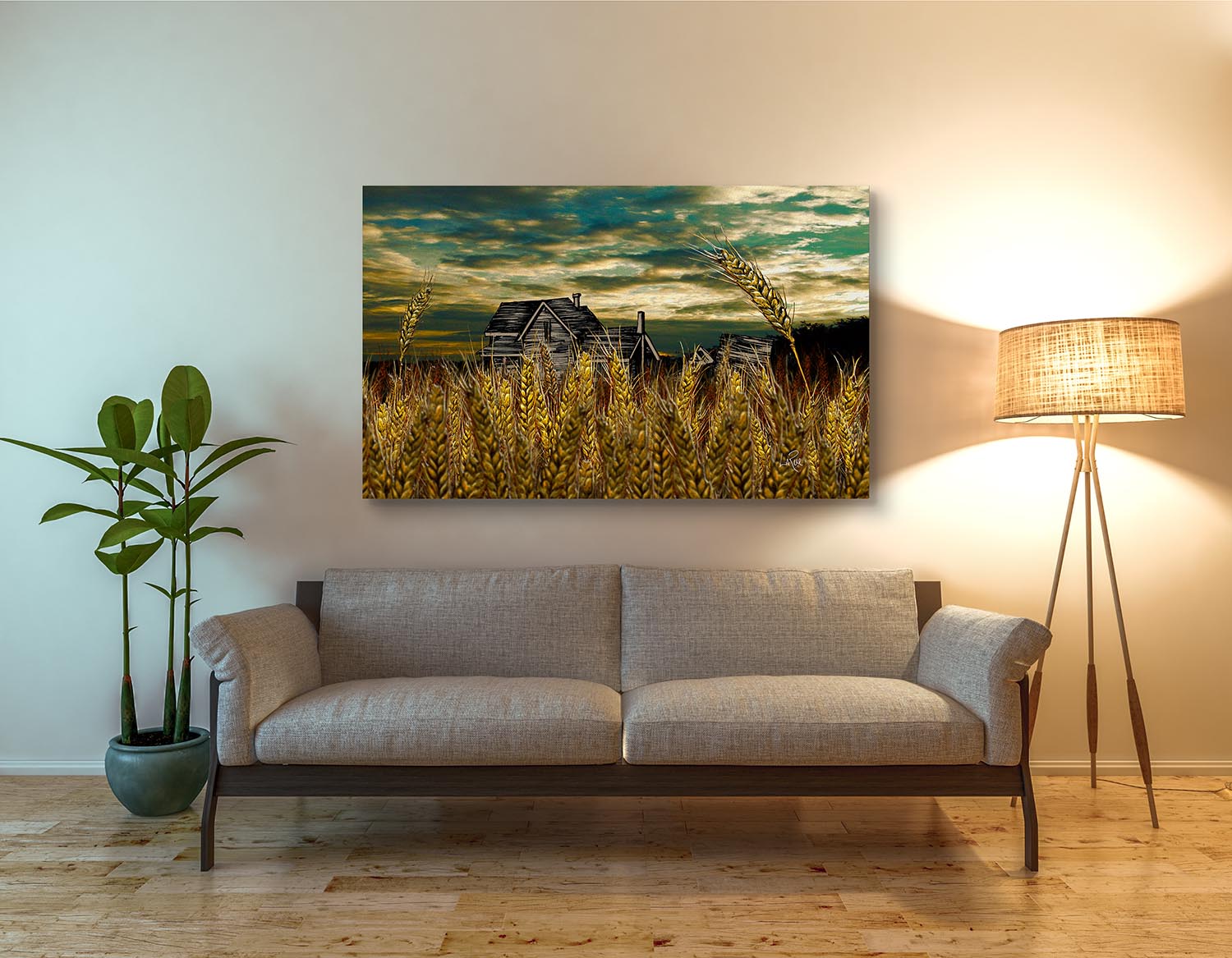 Wheat Field Farm House mixed media art by Doug LaRue over a tan couch 