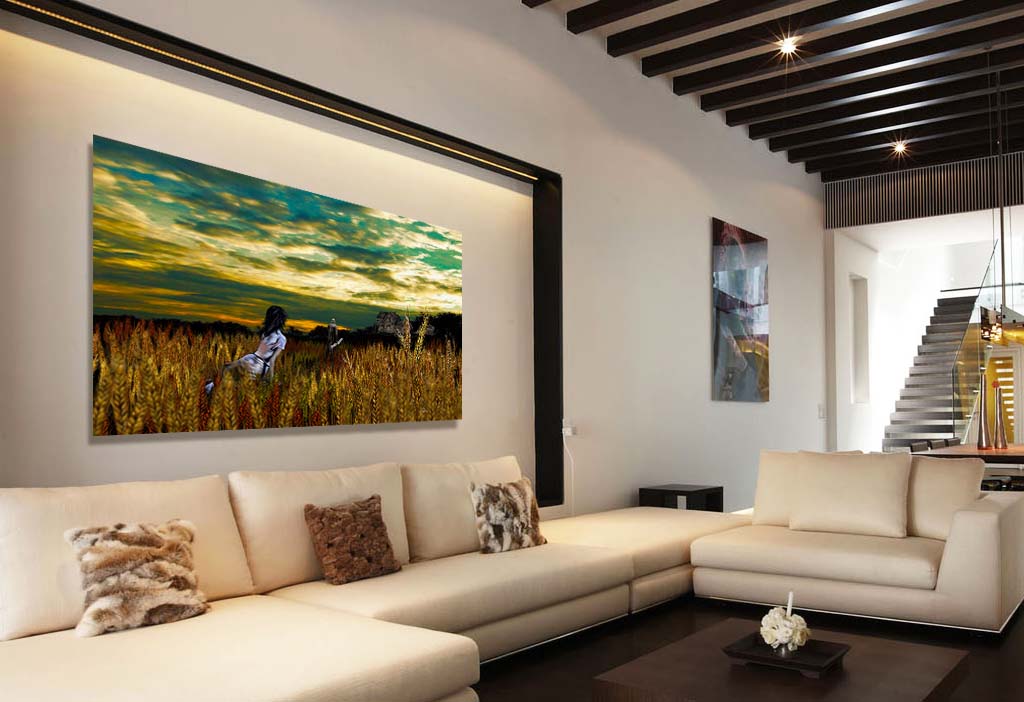 Wheat Field Farmhouse art print on a wall over a couch