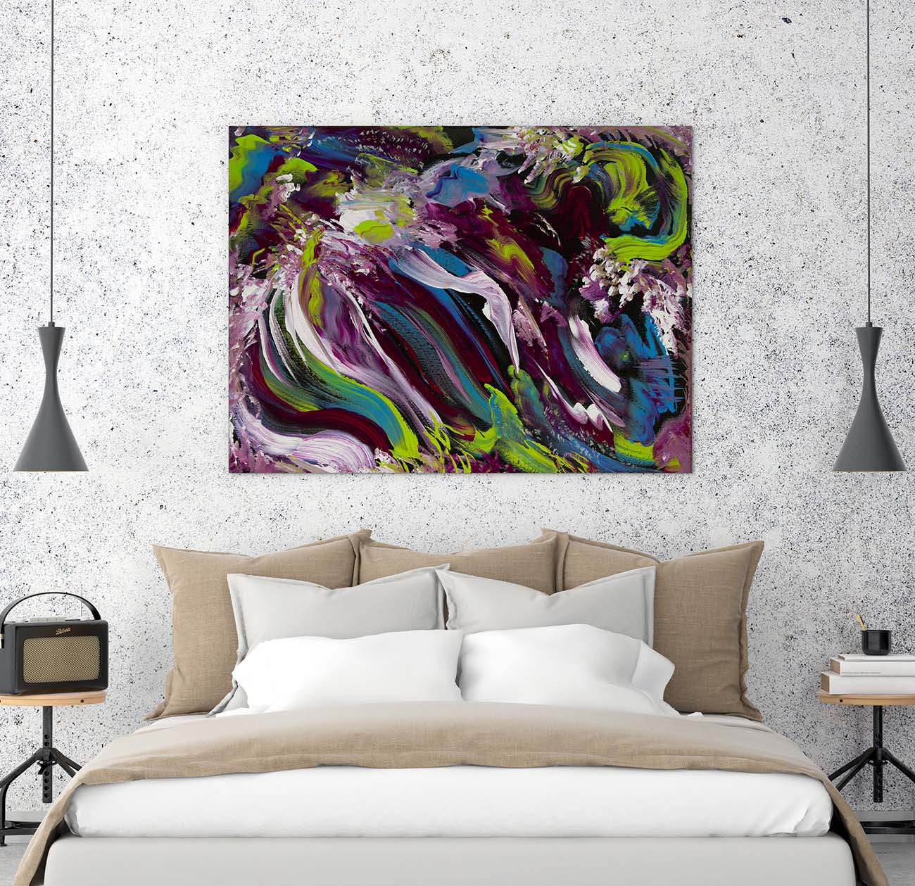Zivid abstract art by Doug LaRue, large metal print on a concrete wall over a bed