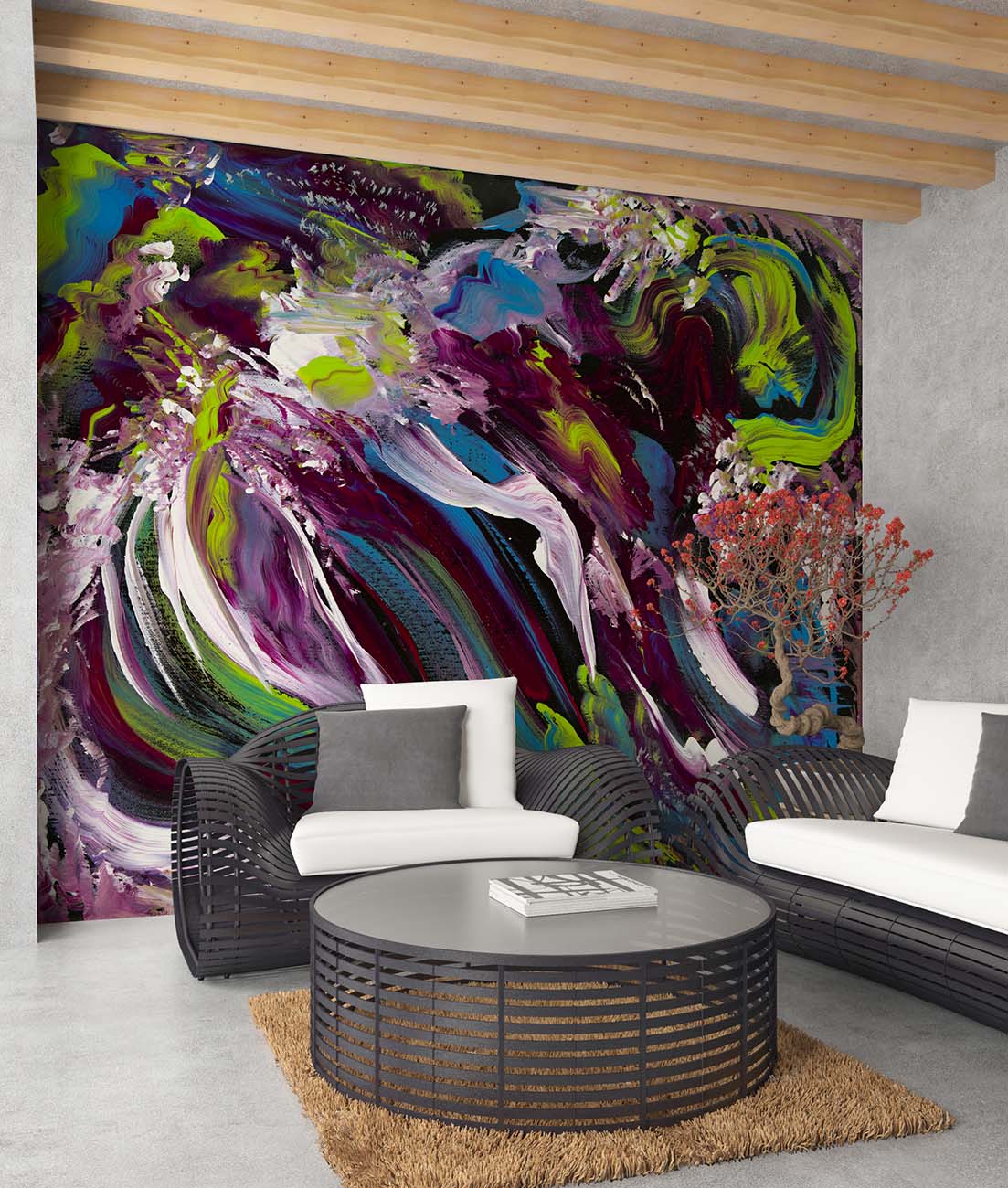 Zivid abstract art by Doug LaRue as a wall mural in front of metal couches