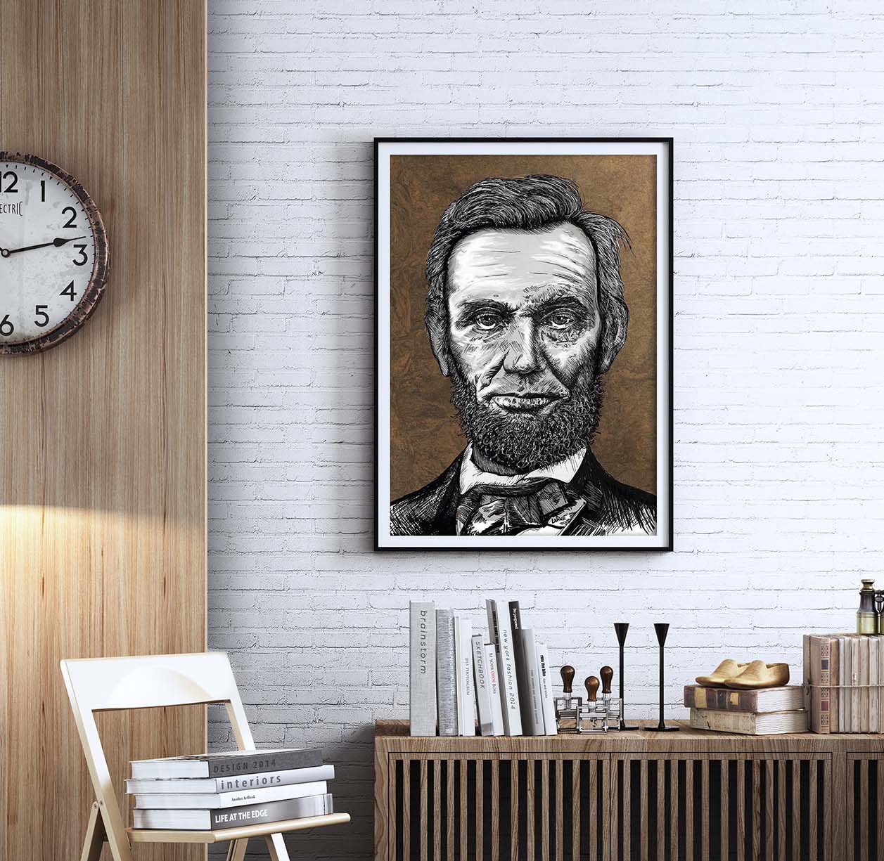 Ink portrait of President Abraham Lincoln on a white brick wall in a black metal frame