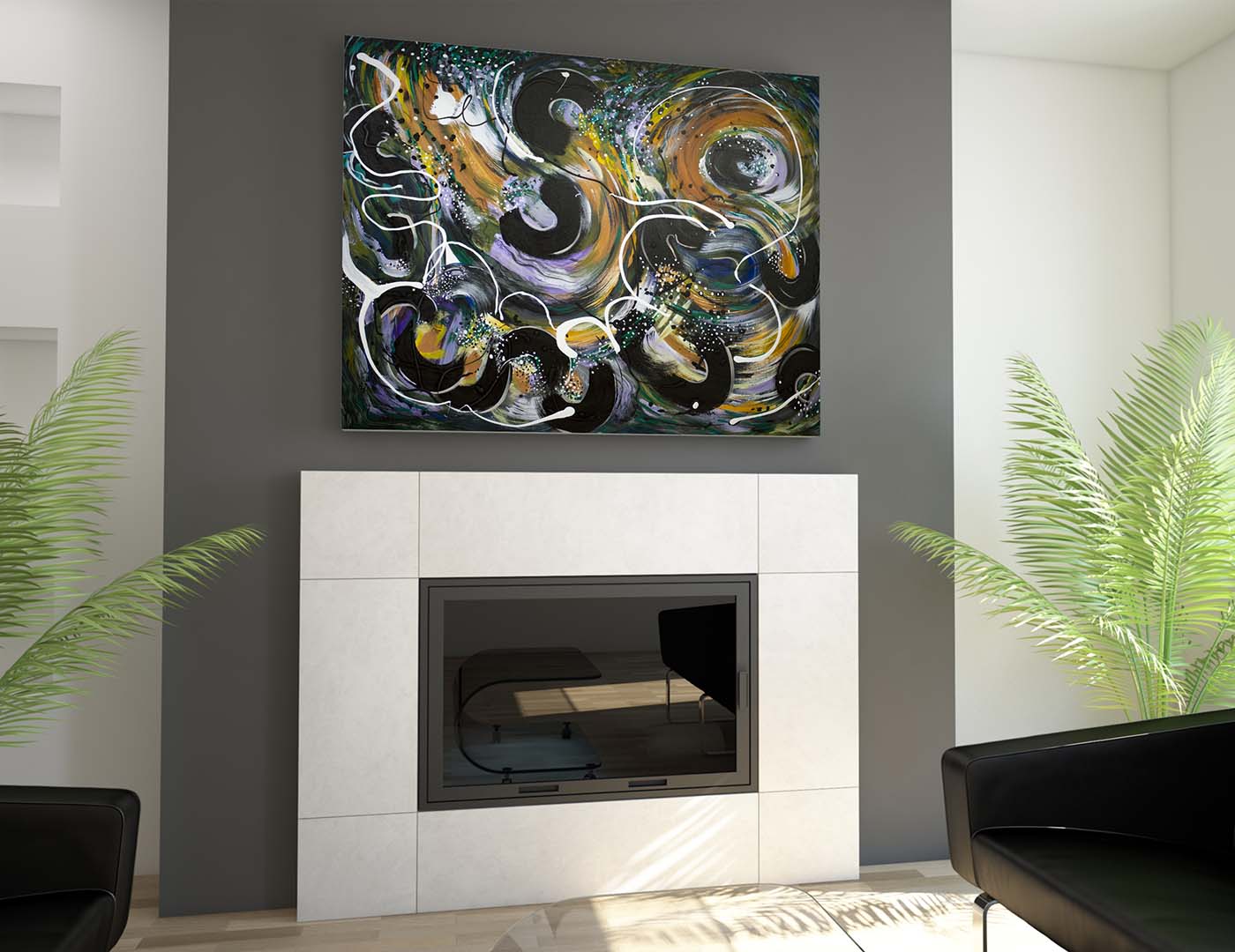 Silkworm Abstract painting by Doug LaRue over a fireplace