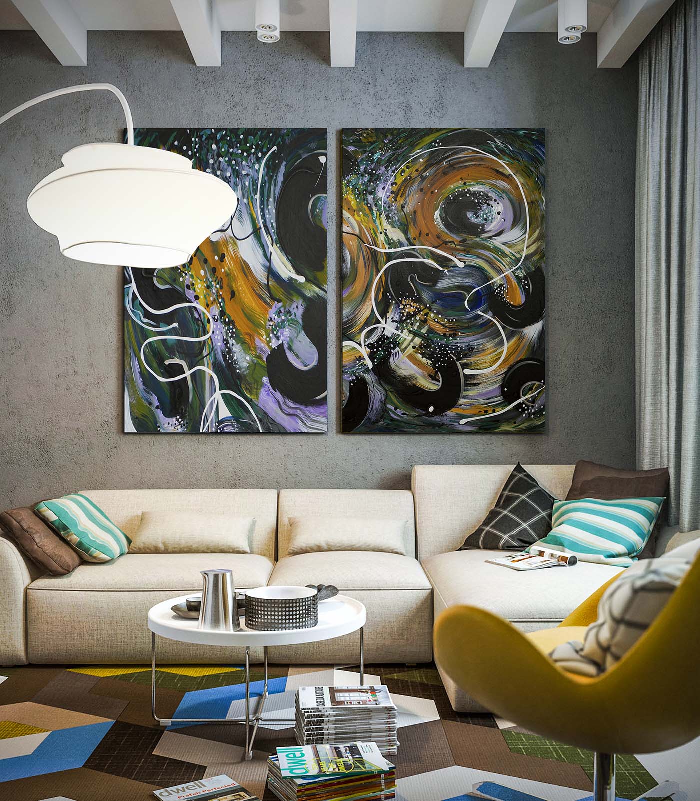 Silkworm Abstract painting by Doug LaRue in 2 panels over a couch in a living room