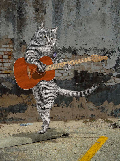 Busker the Acoustic Cat Guitar playing in the parking lot next to a speak easy by Doug LaRue