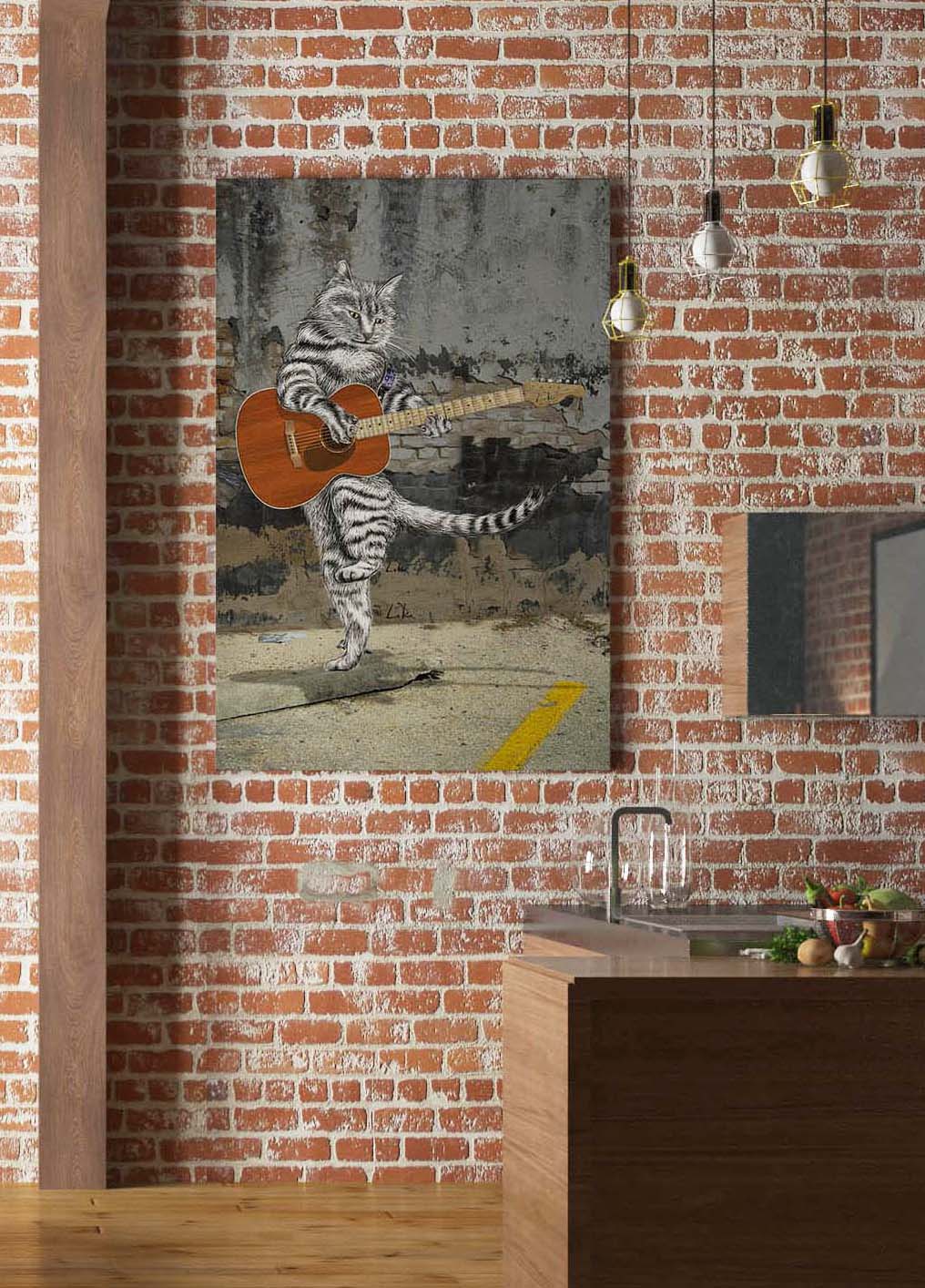 Large print on a brick wall of Busker the acoustic Cat Guitar playing in the parking lot next to a speak easy by Doug LaRue