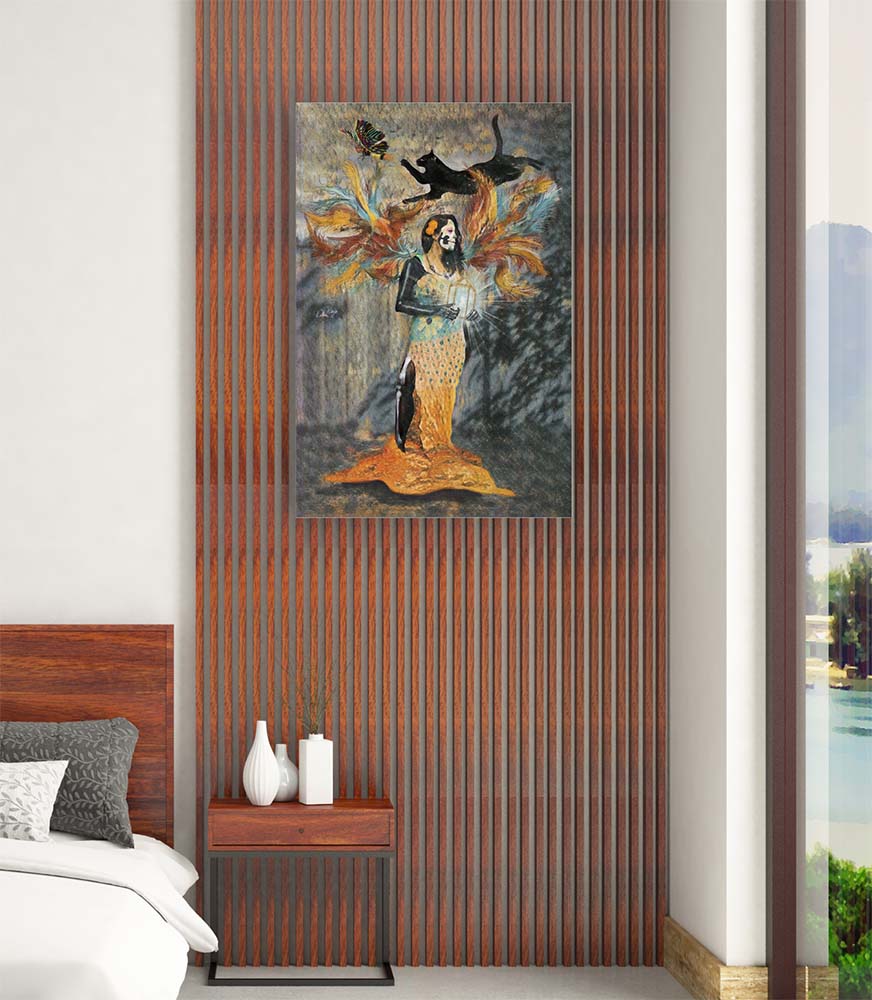 Alma Enjaulada Katrina mixed media art by Doug LaRue metal print in a wood trimmed bedroom wall