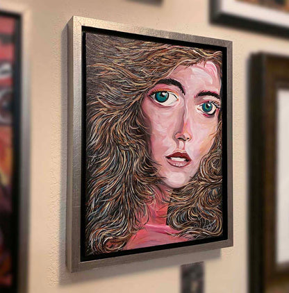 Ambyr, a figurative abstract portrait in acrylic on canvas by Doug LaRue in a gold distressed floater frame (included)