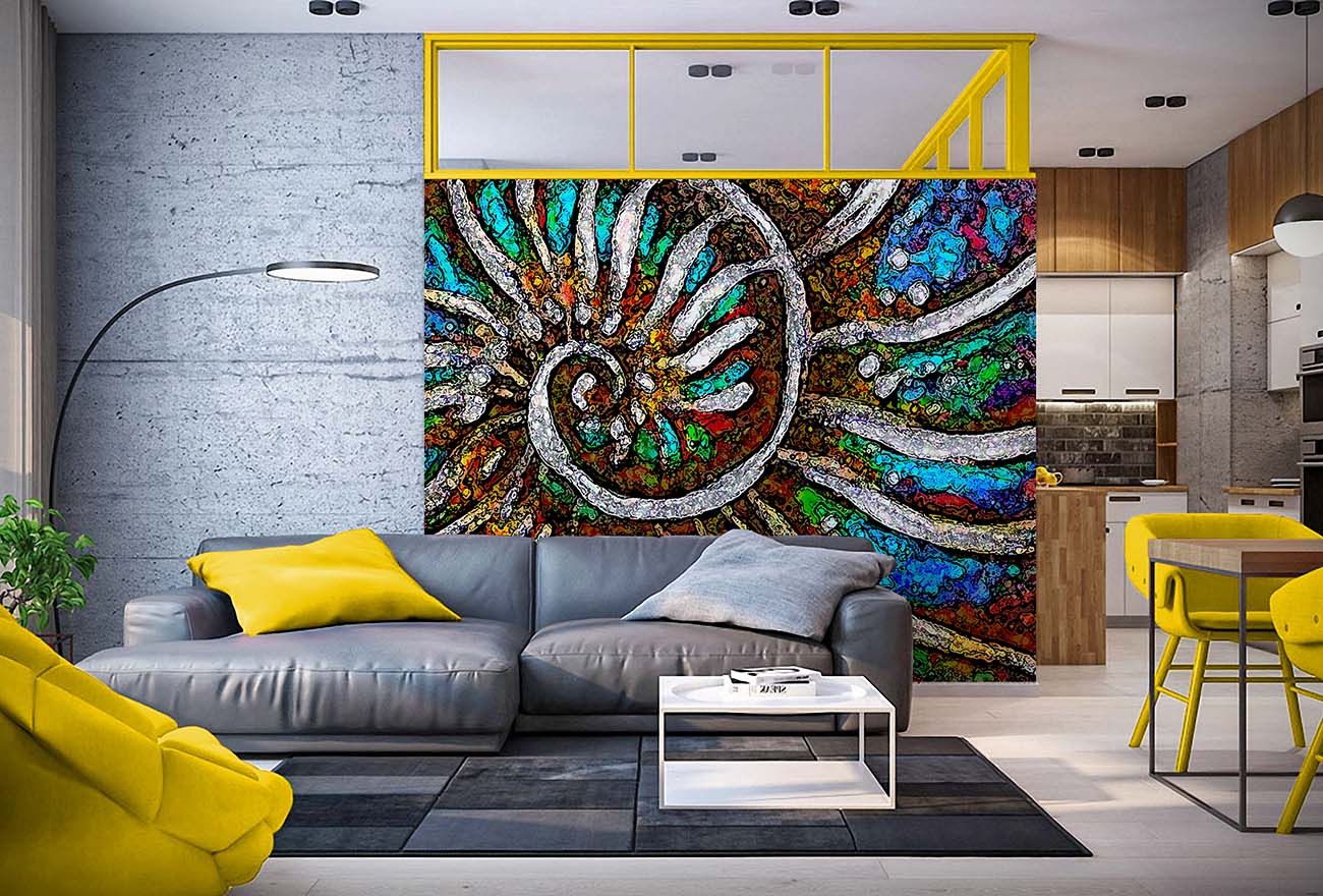 Ammonite Core art mural print on a modern living space wall