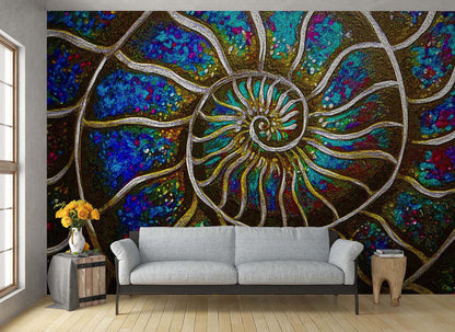Wall mural behind a couch of Ammonite a colorful abstract painting by Doug LaRue