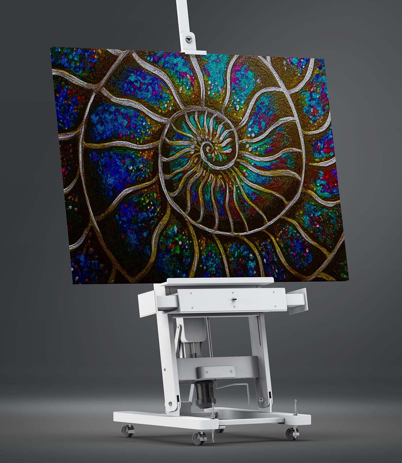 Ammonite a colorful abstract painting by Doug LaRue on an easel