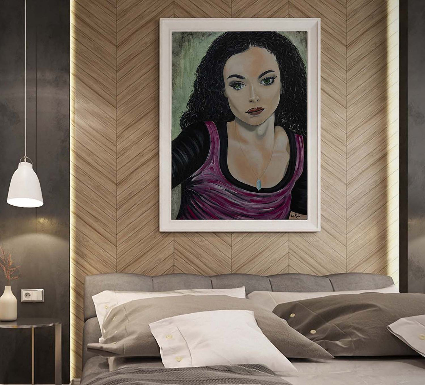 Annie Cabannie painting by Doug LaRue framed portrait over a bed