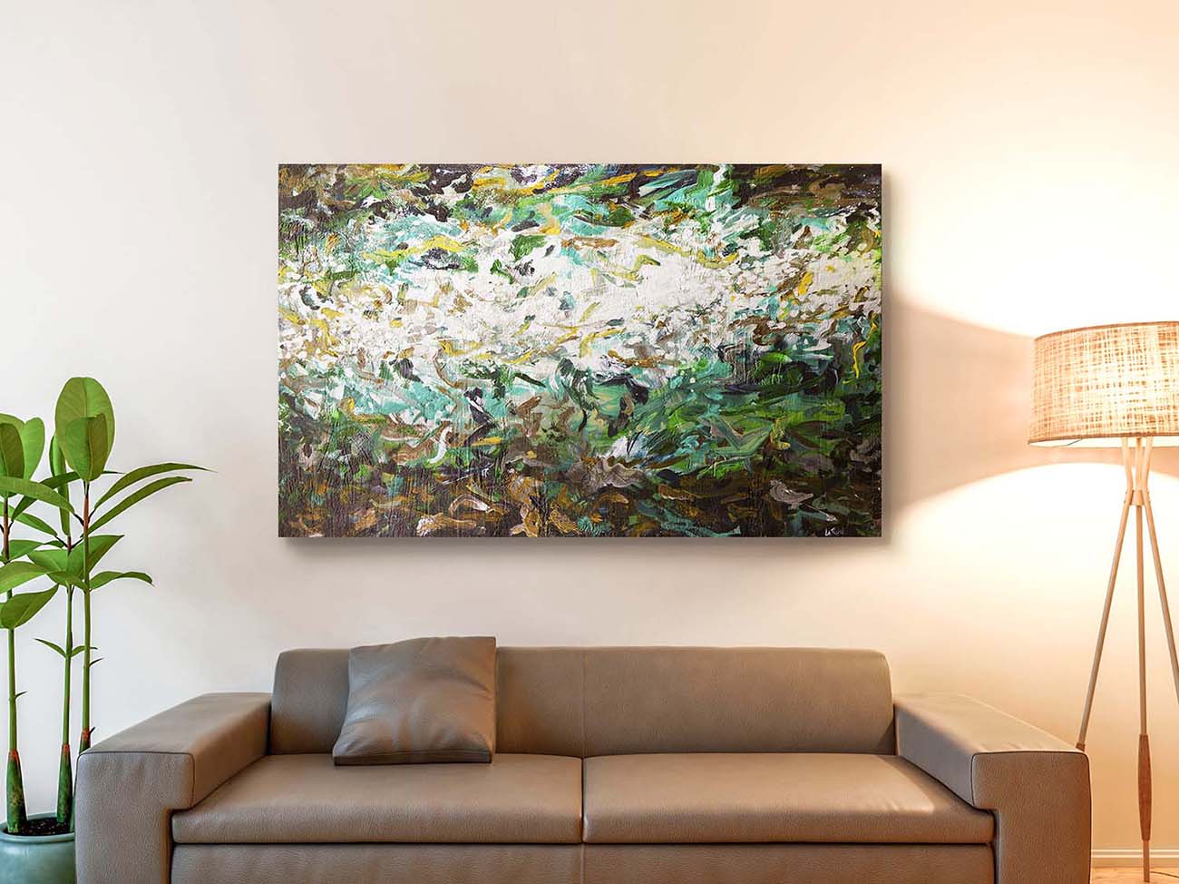 Aqualoid abstract oil on canvas by Doug LaRue over a couch