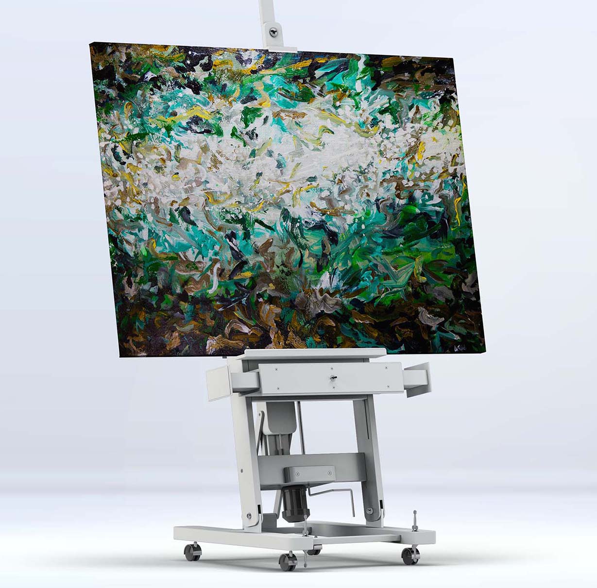 Aqualoid abstract oil on canvas by Doug LaRue on a white easel
