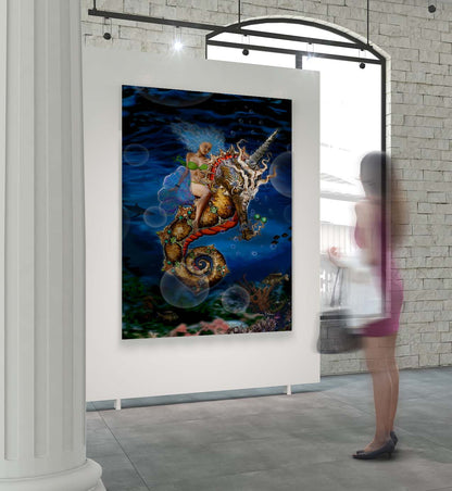 Aquatic Goddess riding a unicorn pegasus seahorse in the ocean with sharks and fish by Doug LaRue in a gallery