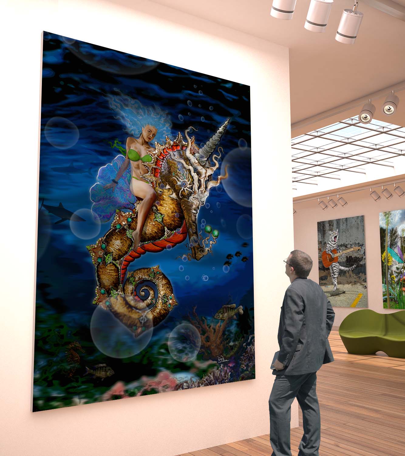 Aquatic Goddess riding a unicorn pegasus seahorse in the ocean with sharks and fish by Doug LaRue in a gallery