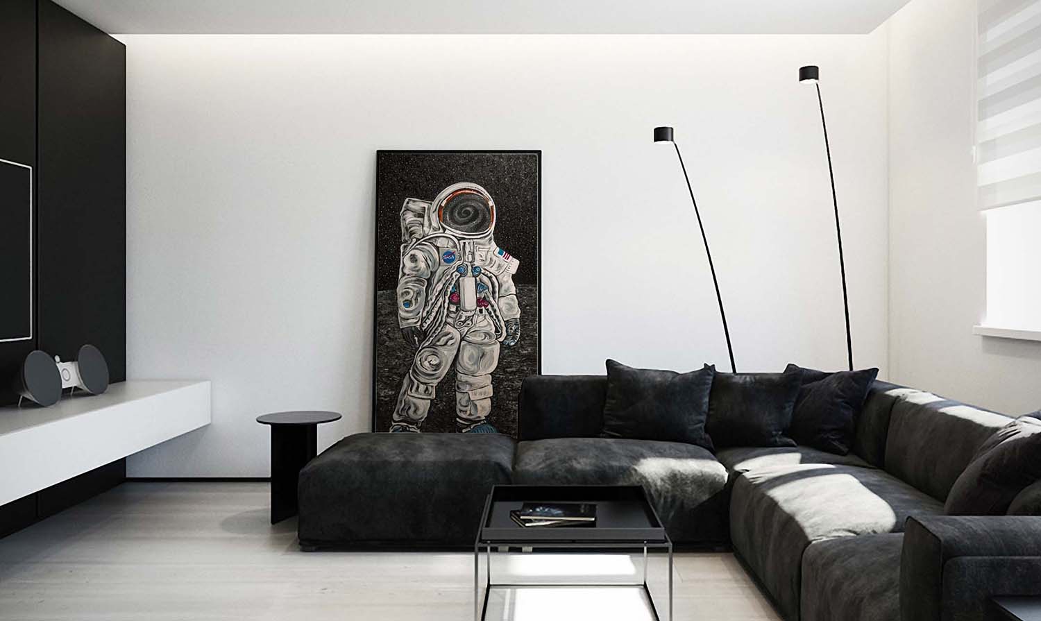 Astronaut standing on the moon observing a black hole framed print behind black leather couch