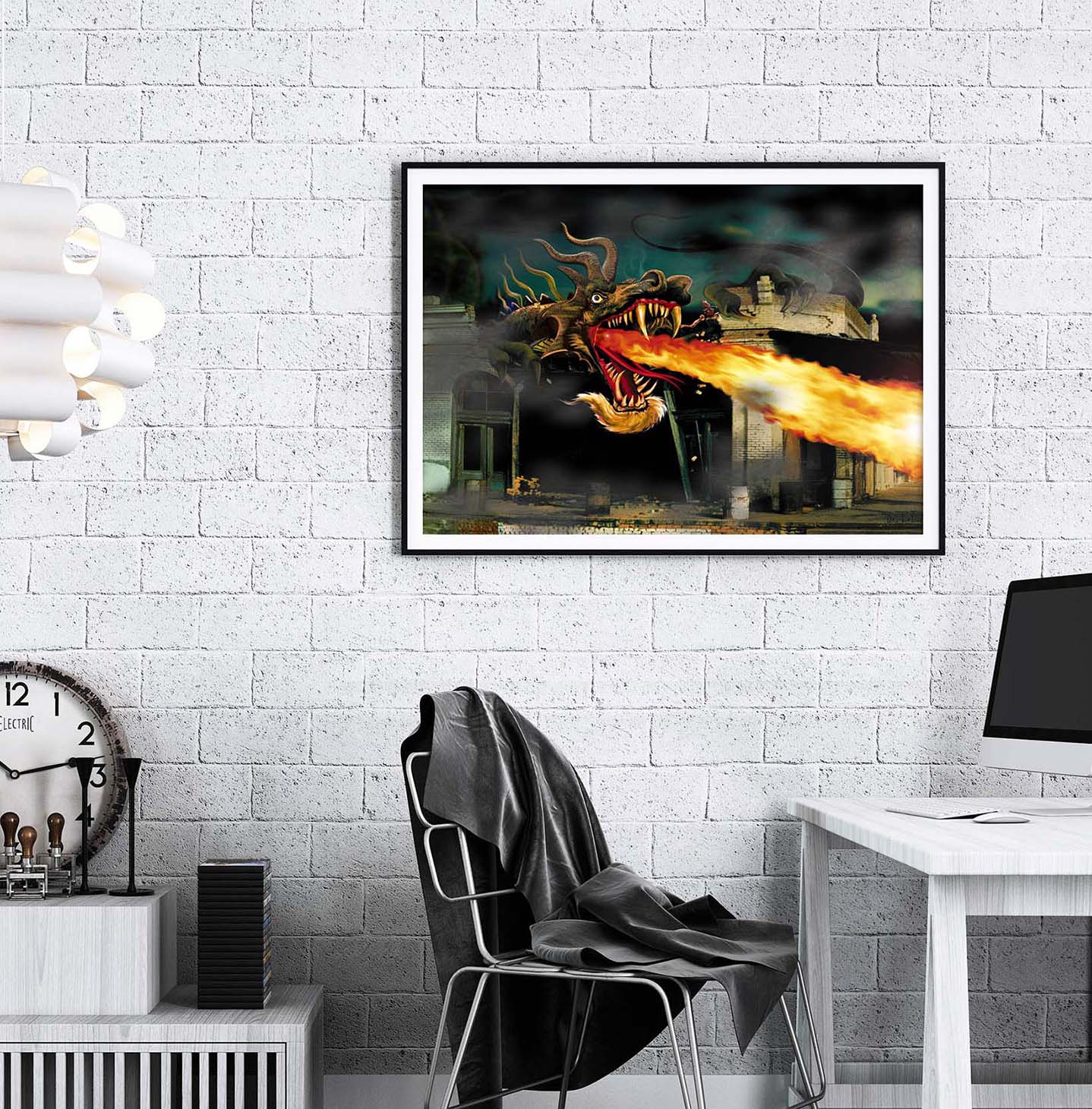 Barton the Mutant Salamander framed print on an office wall by Doug LaRue