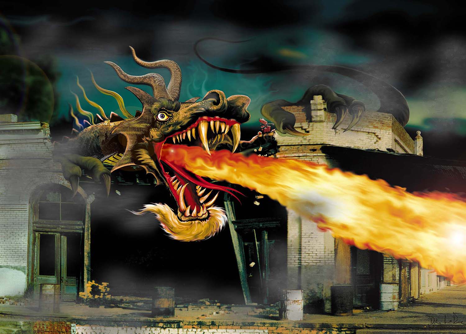 Barton the Mutant Salamander is a dragon ripping through a building and breathing fire by Doug LaRue