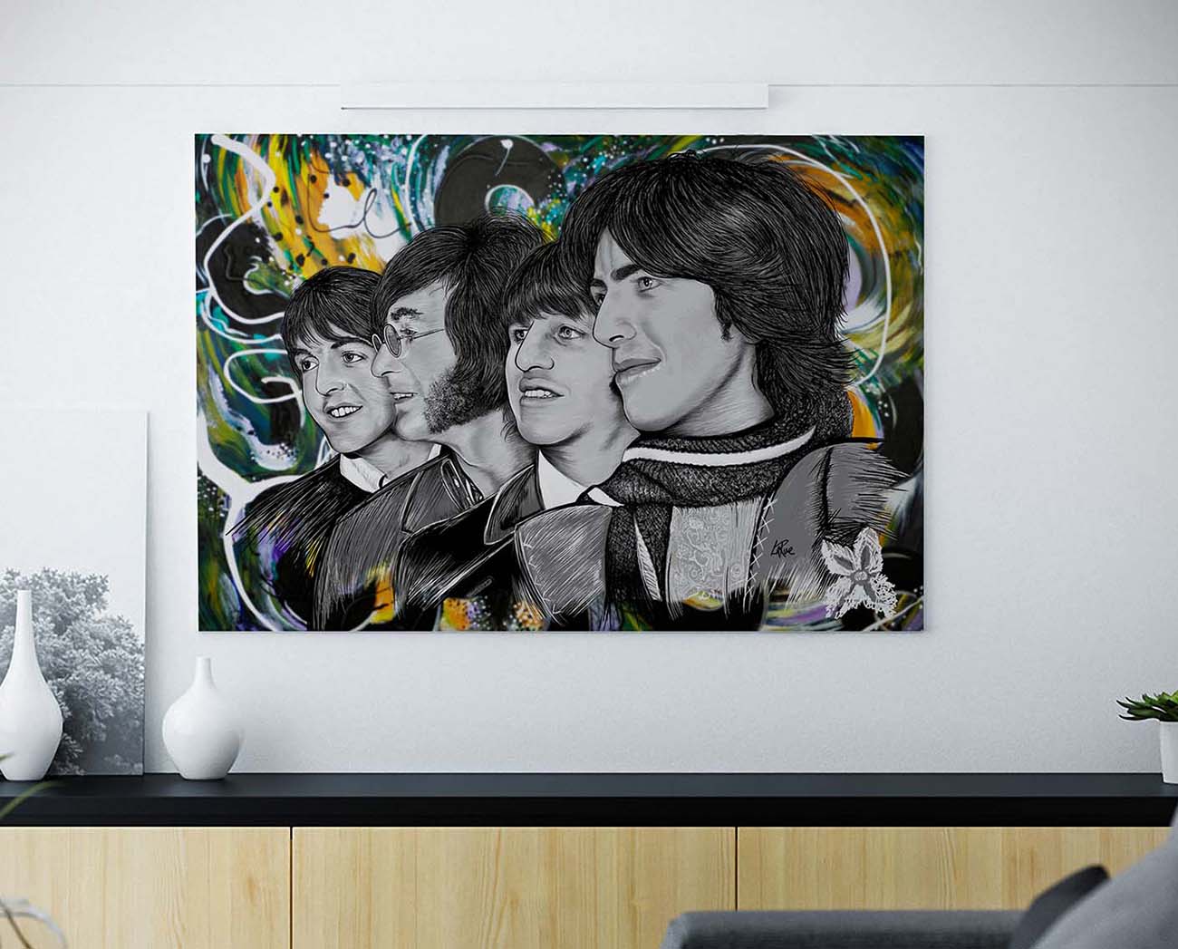 Beatles artwork by Doug LaRue on a offiCe wall
