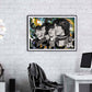 Beatles artwork by Doug LaRue on a white brick wall in an office