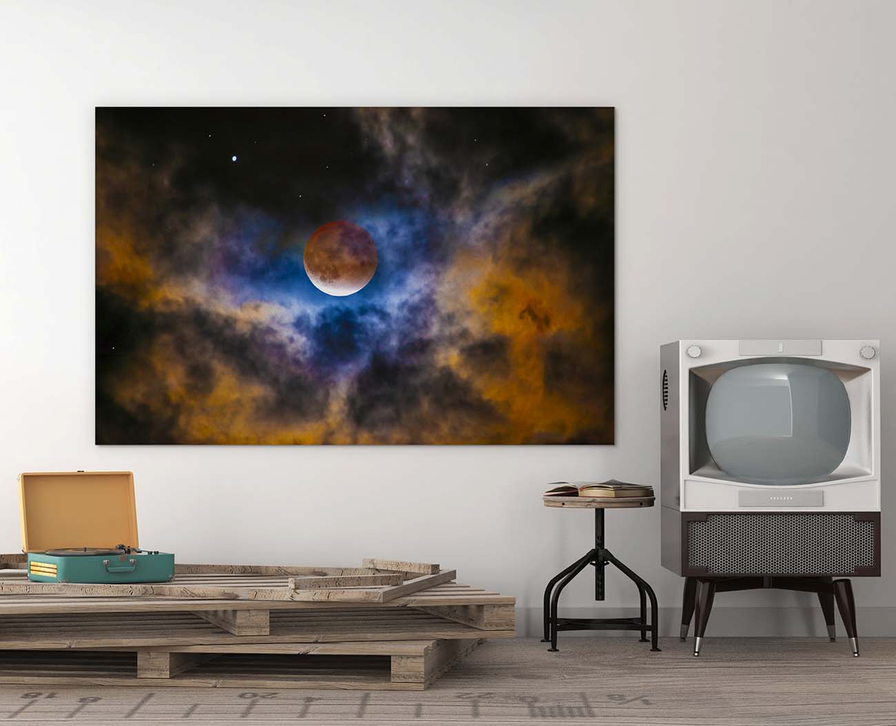 Blood Moon photograph by Doug LaRue large metal print on a wall next to a vintage television