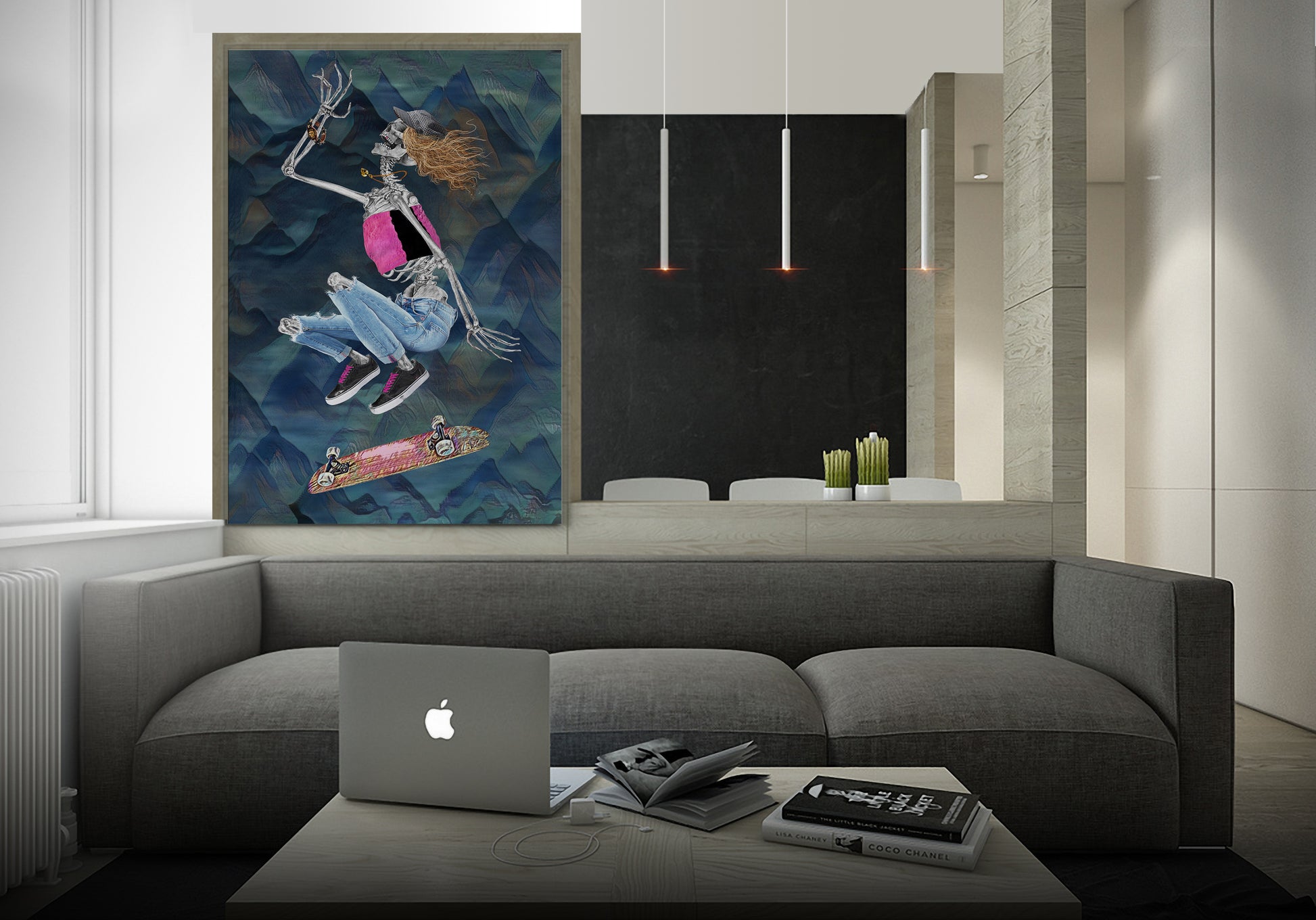 Bonita Kickflip mixed media art by Doug LaRue on a living room wall