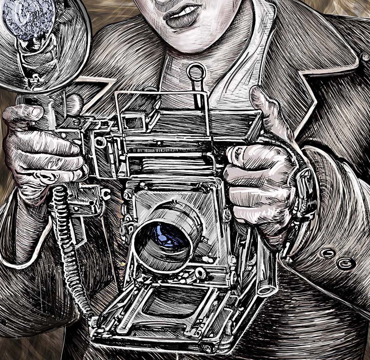 Camera King Close View ink illustration by Doug LaRue