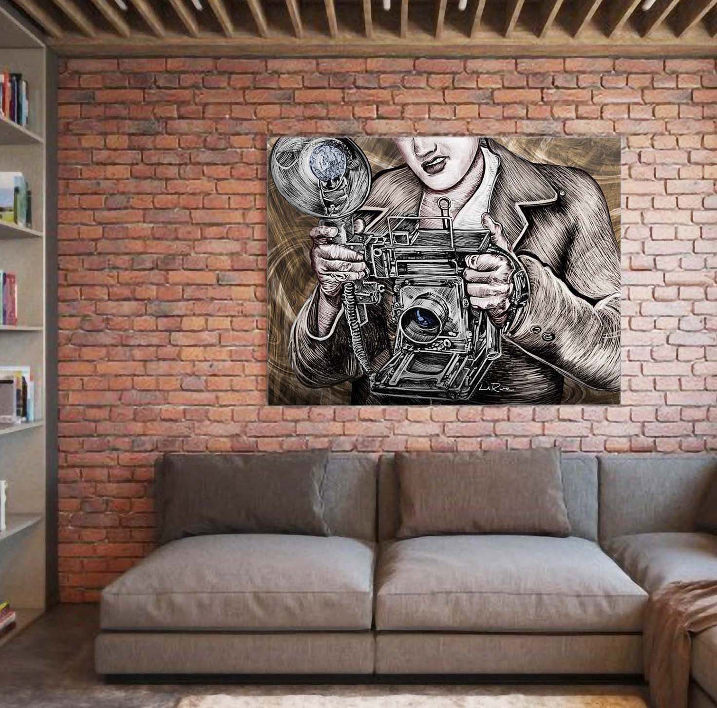 Camera King mixed media ink by Doug LaRue on a wall in a living room over couch