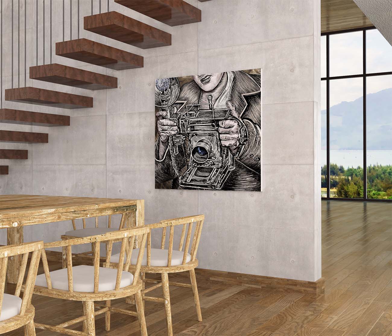 Camera King Close View ink illustration by Doug LaRue on a kitchen wall