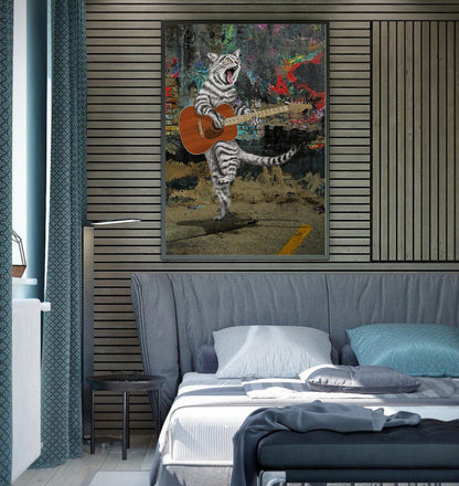 Busker the Cat Guitarist on a bedroom wall by Doug LaRue