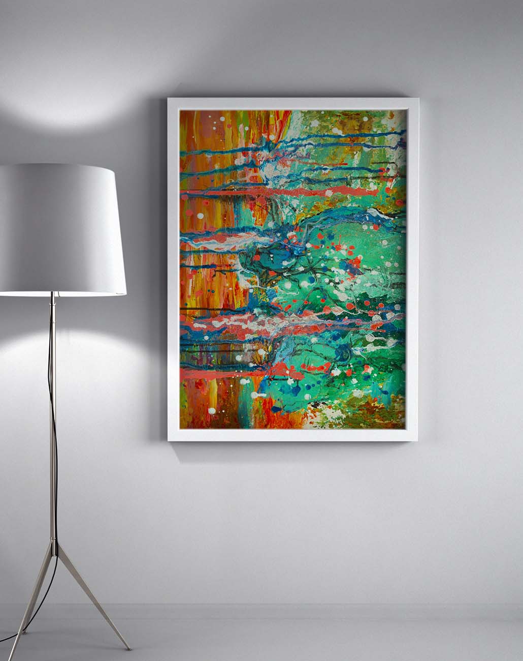 11D Eastwood abstract art by Doug LaRue on a living room wall by a lamp