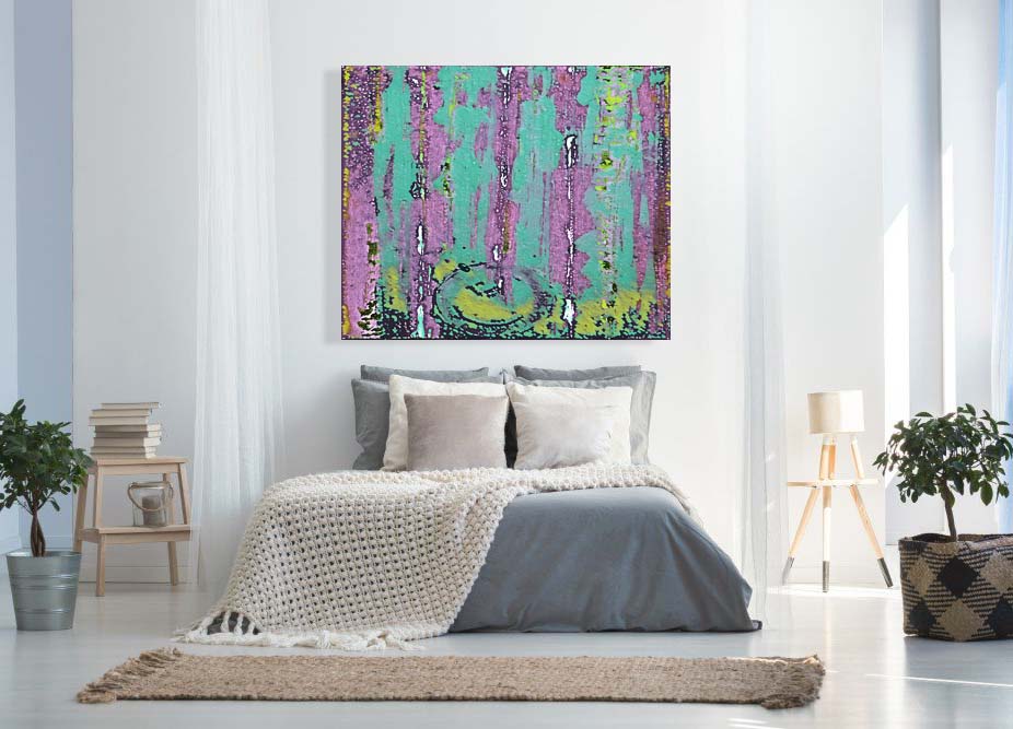 Clouds Contain mixed media art by Doug LaRue over a bed