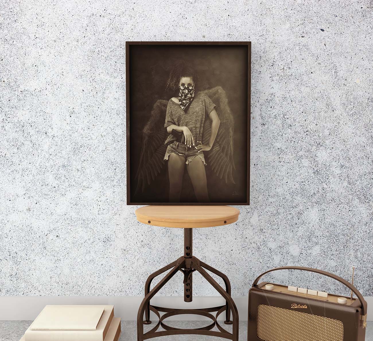 Deraengel portrait photograph by Doug LaRue framed print on a stool