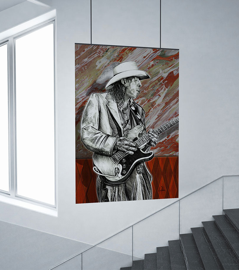 Guitarist Stevie Ray Vaughan mixed media art print in a corporate office stairwell