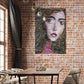 Ambyr, a figurative abstract portrait by Doug LaRue large print on a brick wall in a dining room