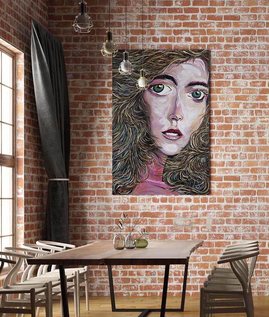 Ambyr, a figurative abstract portrait by Doug LaRue large print on a brick wall in a dining room