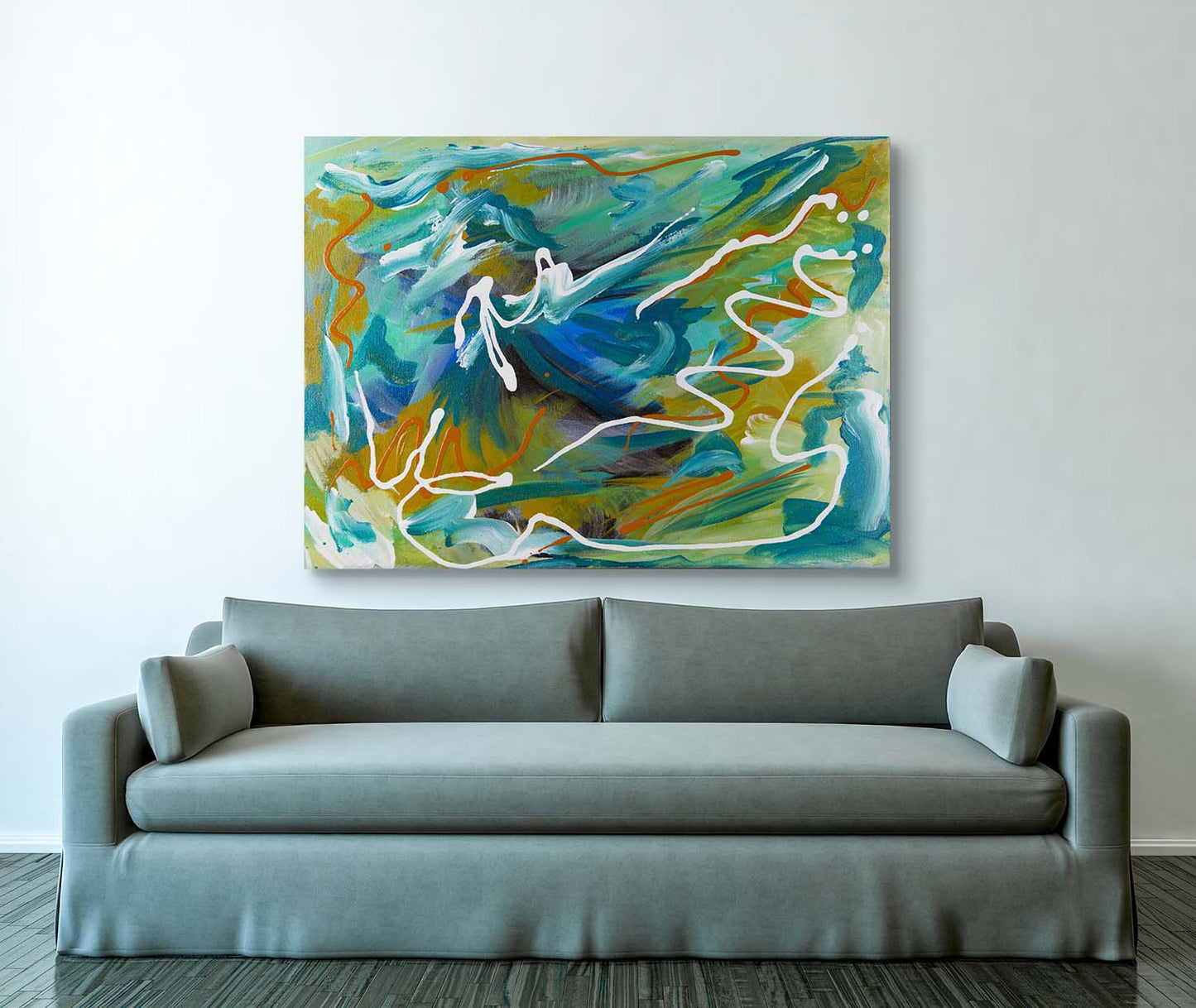 Eastern Mountain abstract canvas painting by Doug LaRue on a wall behind a couch