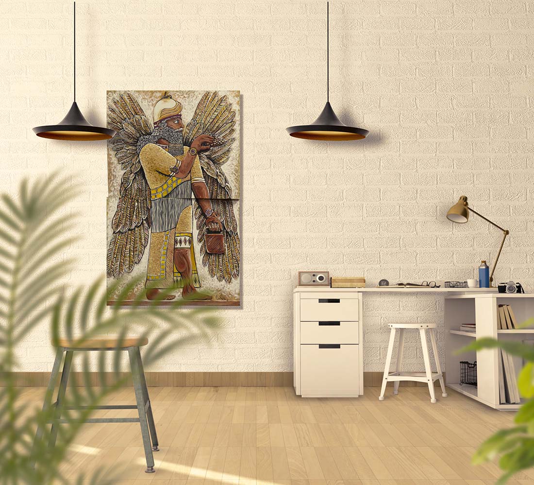 Enki the Annunaki canvas painting by Doug LaRue in an office on a white brick wall.