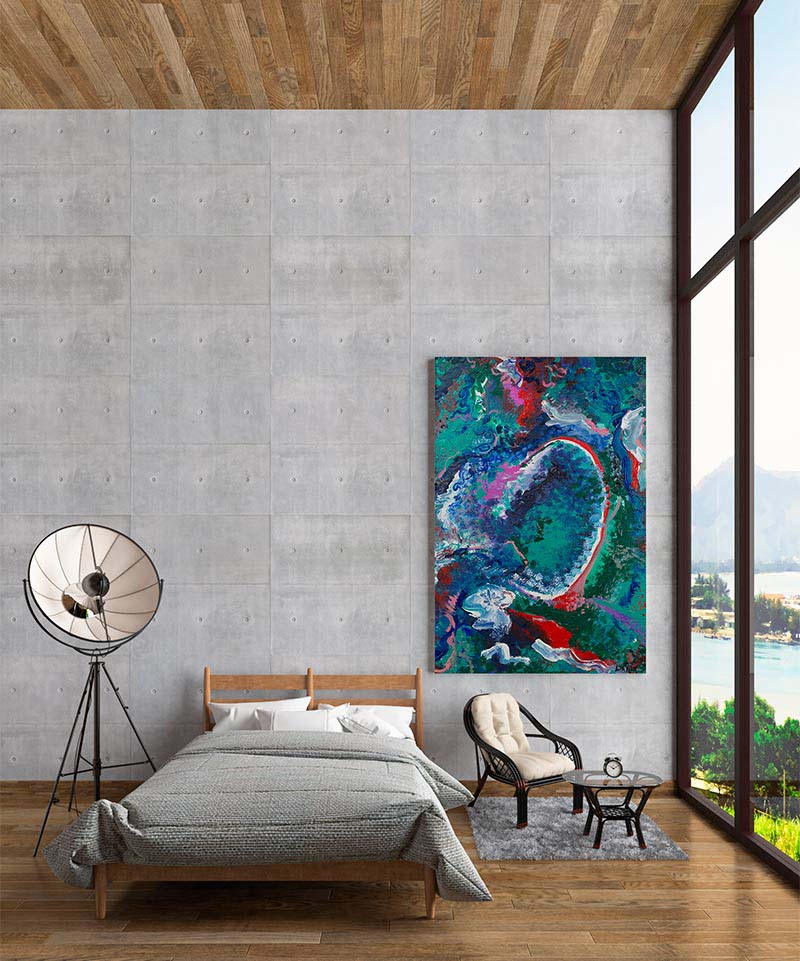 She Dances abstract woman dancing canvas painting on a concrete wall in bedroom