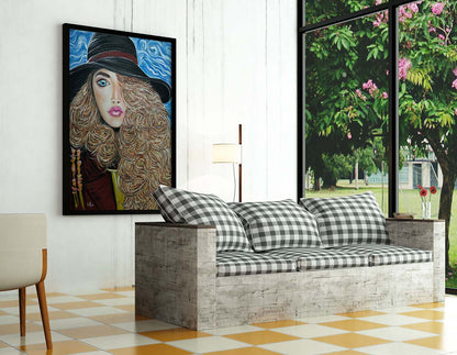 framed print of Fashionista painting by Doug LaRue in a bright living room