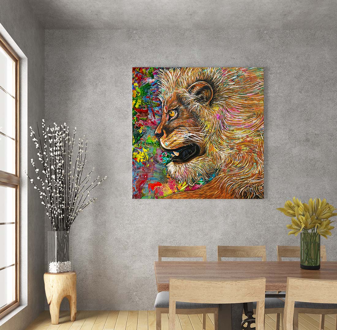 Fierce Lion mixed media art by Doug LaRue large print on dining room wall