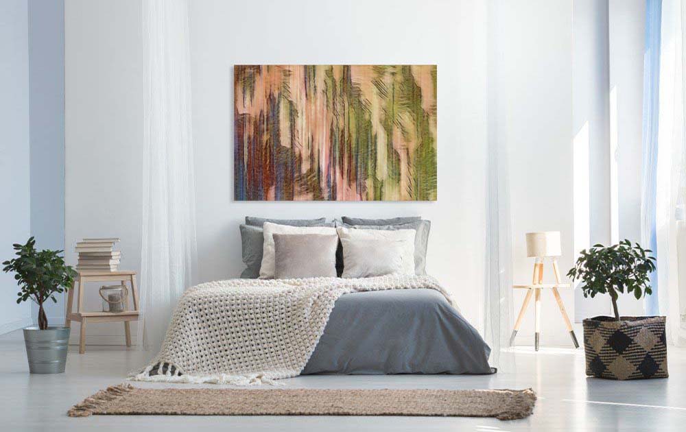 Forest Vert mixed media abstract art by Doug LaRue on a bedroom wall