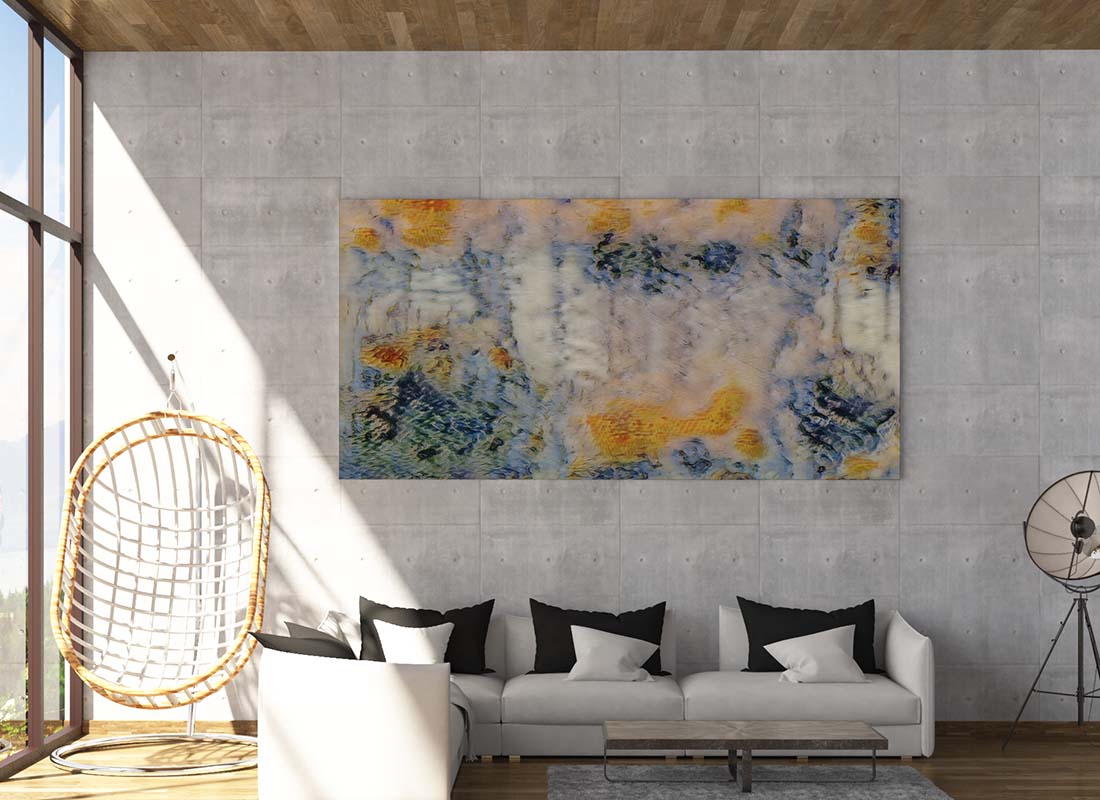 Frosted Goldfish mixed media abstract by Doug LaRue on a living room wall