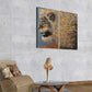 Large 2 panel art print of Golden Lion painting by Doug LaRue on a wall over a wooden chair and coffee table
