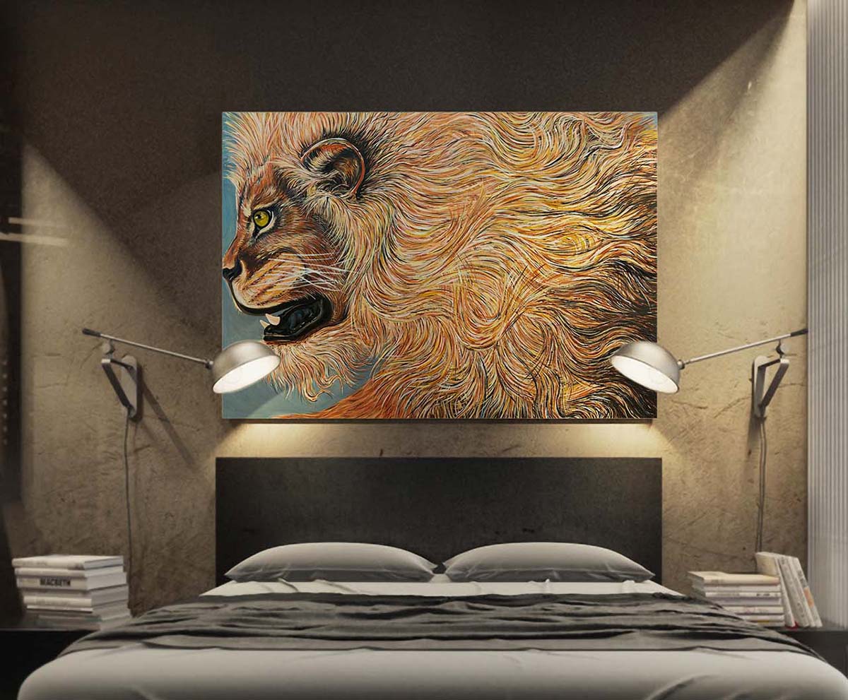 Large art print of Golden Lion painting by Doug LaRue on a wall over a queen size bed